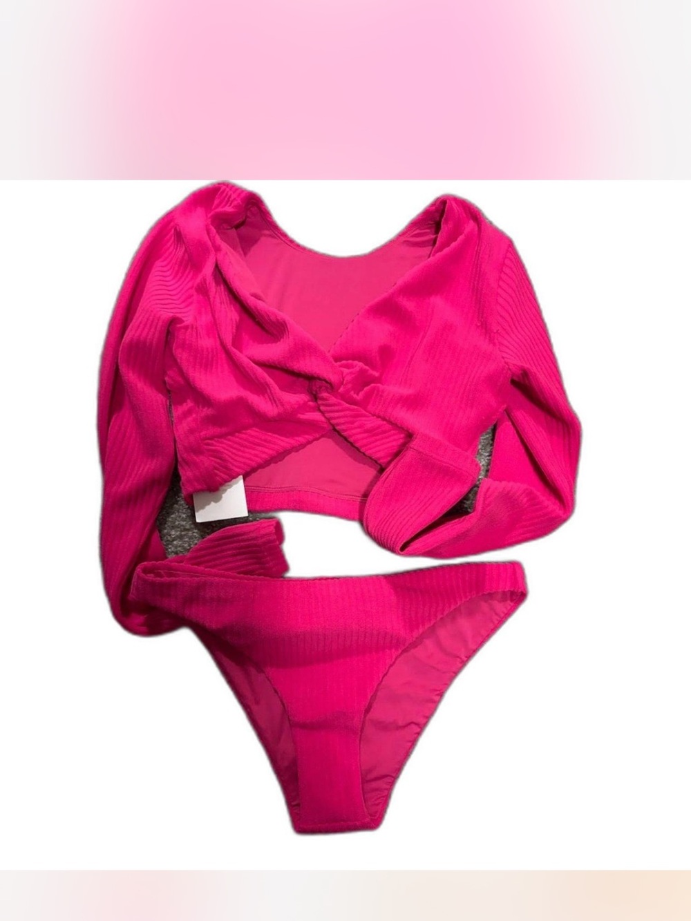 Andie Ribbed Twist-Front Long Sleeve Bikini Set - Fuchsia